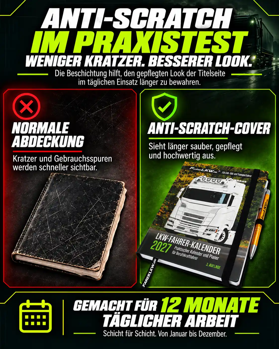 Vergleichsgrafik zur Anti-Scratch-Beschichtung des LKW-Fahrer-Kalenders 2027, die den Einband im täglichen Einsatz länger gepflegt aussehen lässt.